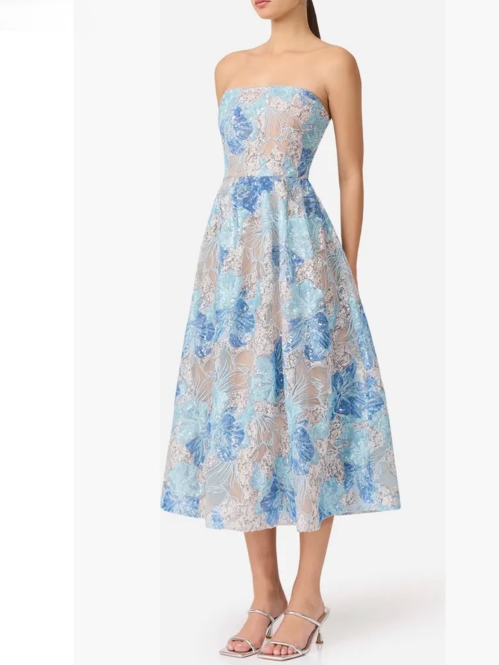ELLIAT Leonie Strapless Cocktail Dress In Blue Floral Midi Dress Sz M Medium NWT